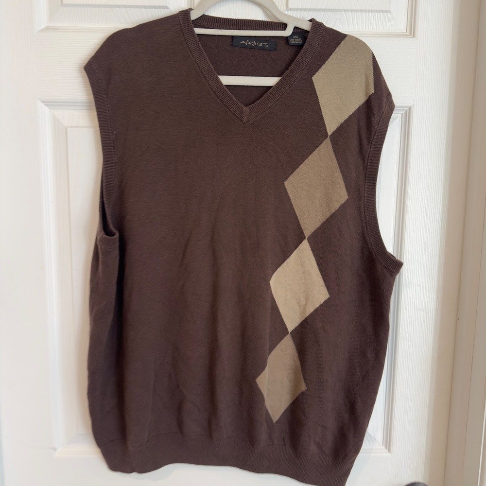 Axist Mens Brown Argyle V-Neck Sweater Vest XXL Cotton Blend Sleeveless Knit
